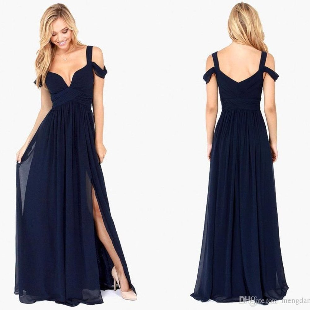 Lulu's Bariano Ocean of Elegance Navy Blue Off-the-shoulder Side-Slit Gown